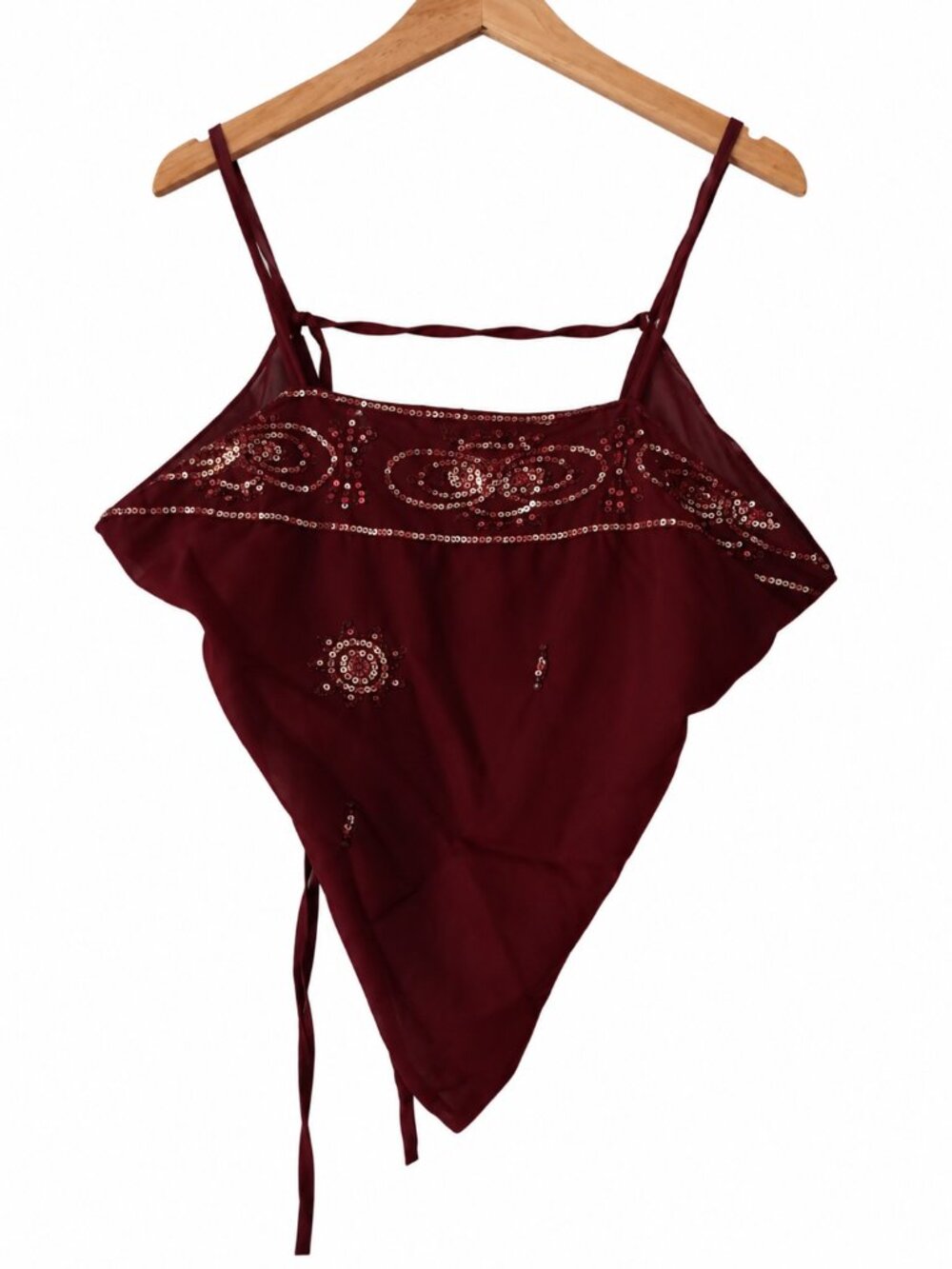 Burgundy Sequin Beaded Asymmetrical Handkerchief Halter Top Fairycore Y2K